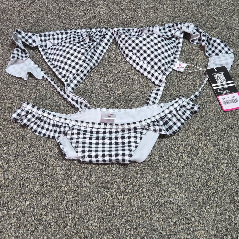 Shekini Bikini Set Womens XS Black White Gingham Ruffle 2 Piece Swimsuit
